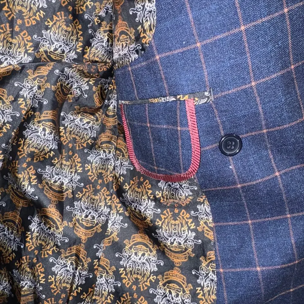 Slatl & Dean Luxury Men's Navy‎ Blue Windowpane Double Breasted Blazer Jacket